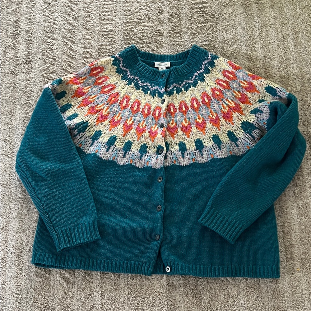 Sundance Teal Fair Isle Lambswool Crewneck Button Up Cardigan XL - Picture 3 of 10